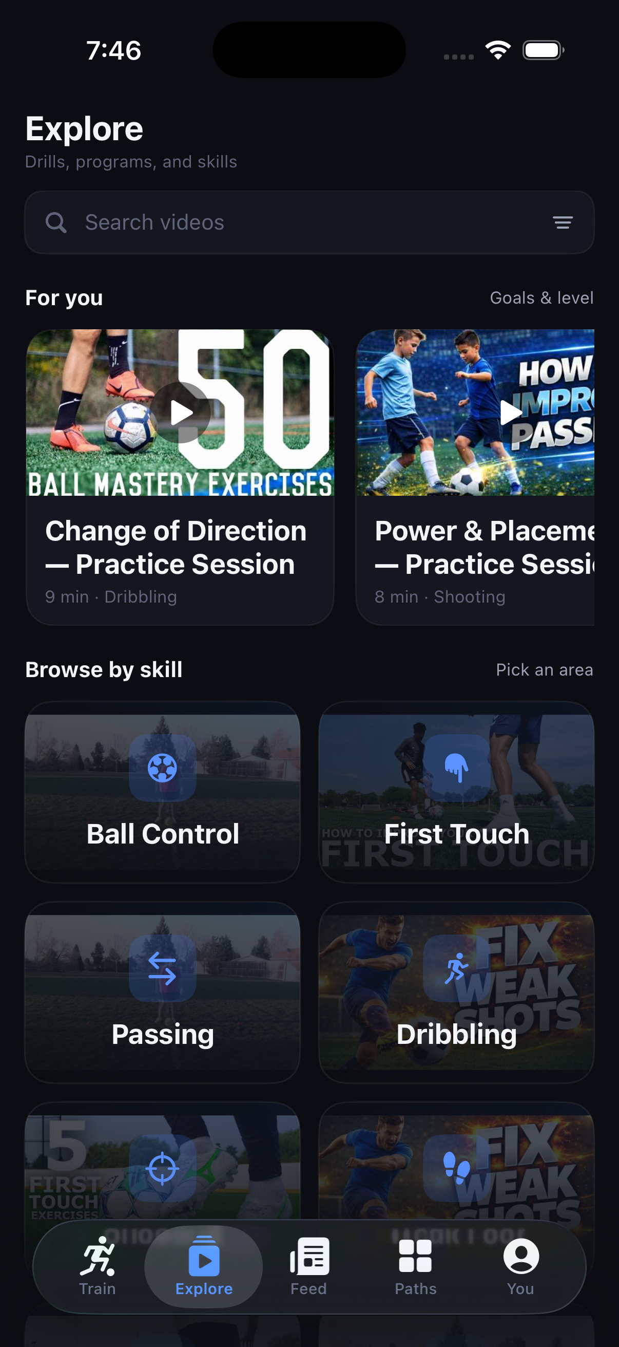Explore screen showing football training video library