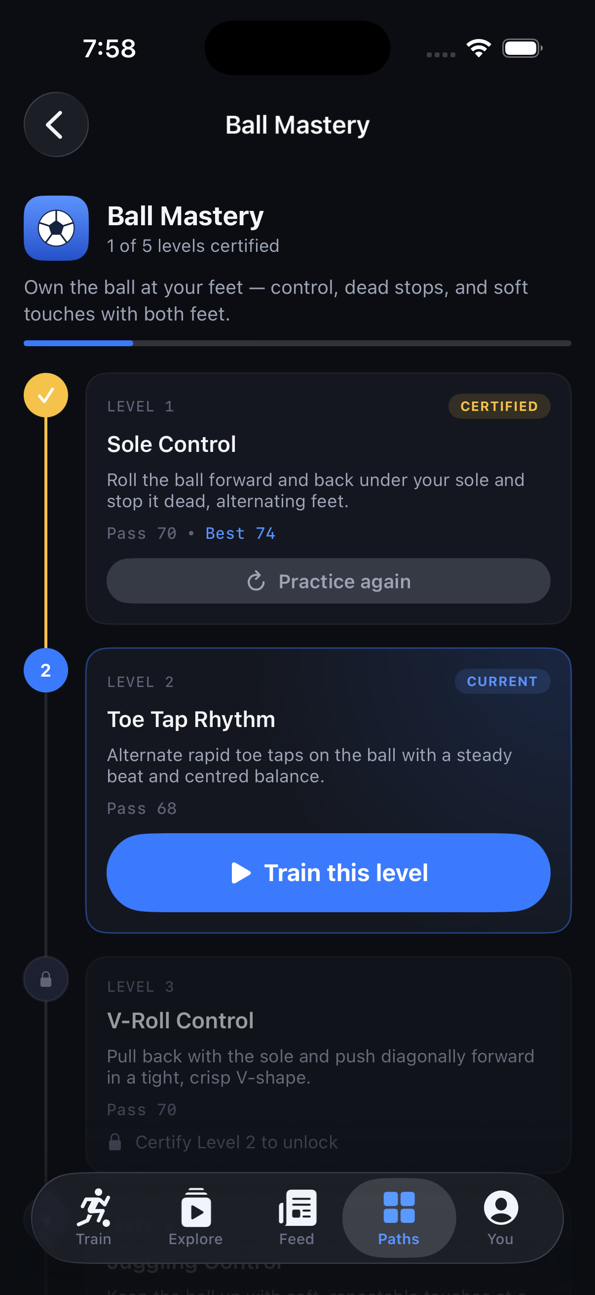 Skill paths screen showing unlockable levels
