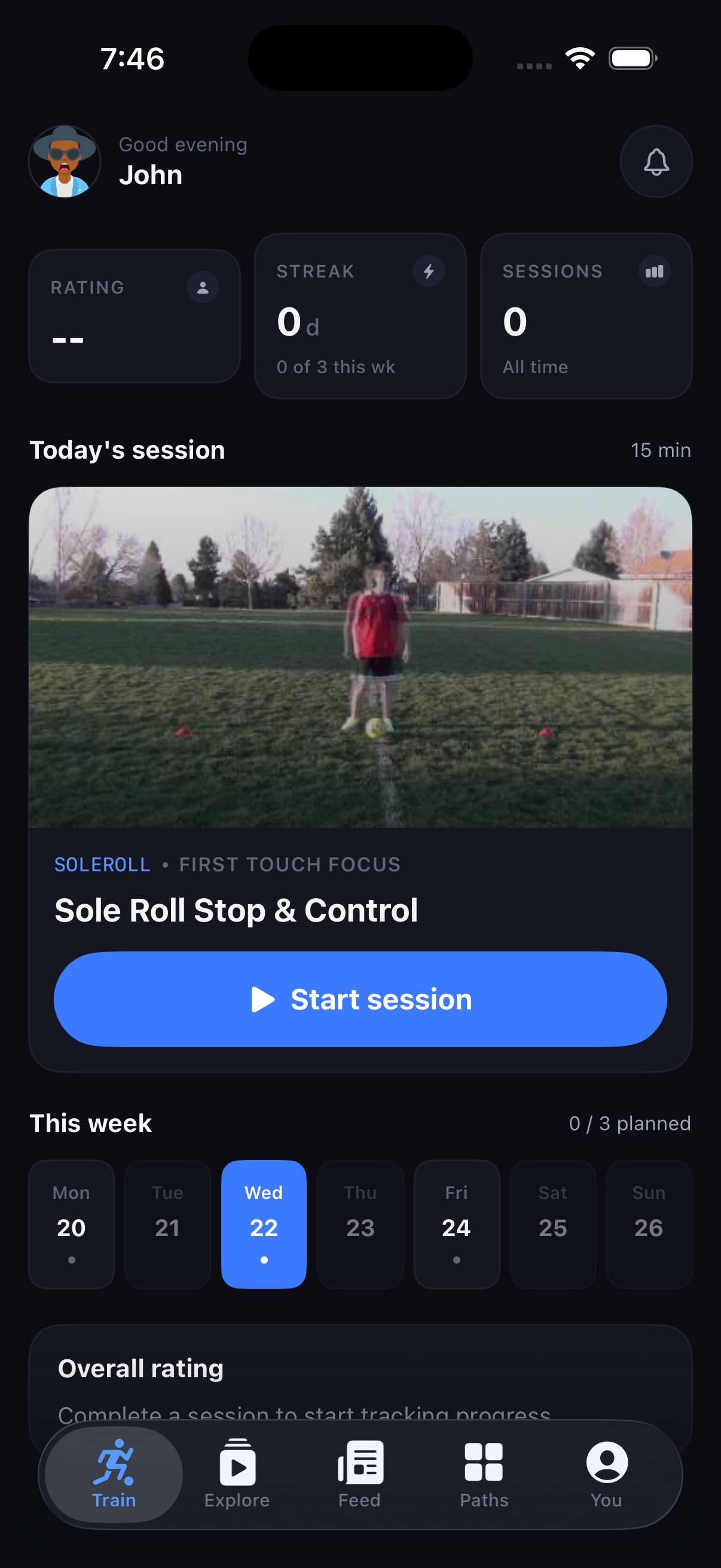 GoalBall home screen showing today's training session